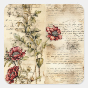 Vintage Parchment Love Letter with Flowers (1) Square Sticker
