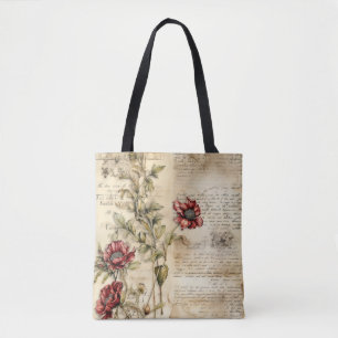 Vintage Parchment Love Letter with Flowers (1) Tote Bag