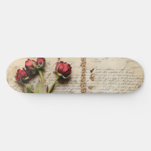 Vintage Parchment Love Letter with Flowers (2) Skateboard