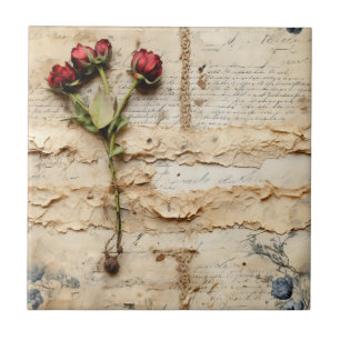 Vintage Parchment Love Letter with Flowers (2) Tile
