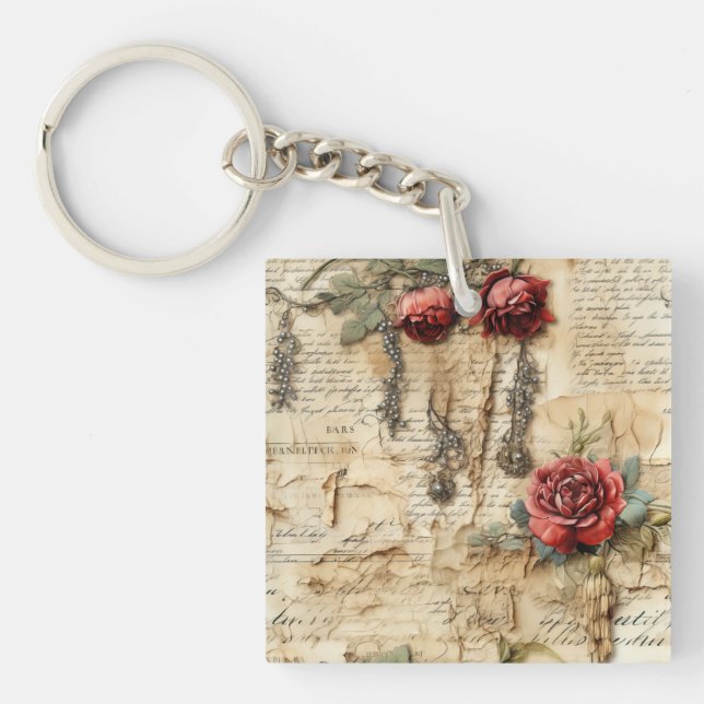 Vintage Parchment Love Letter with Flowers (4) Keychain (Front)