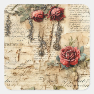 Vintage Parchment Love Letter with Flowers (4) Square Sticker