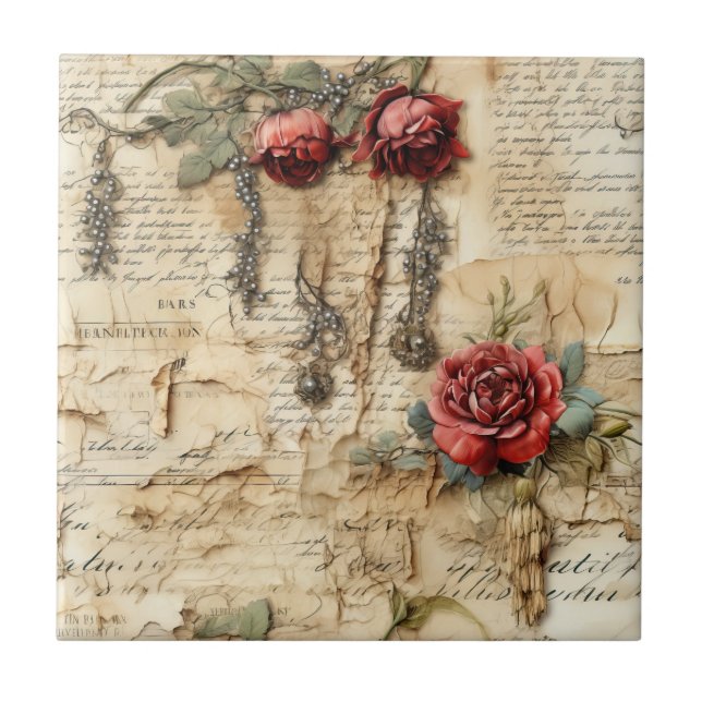 Vintage Parchment Love Letter with Flowers (4) Tile (Front)