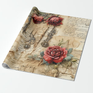 Vintage Parchment Love Letter with Flowers (4) Wrapping Paper