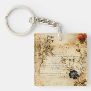 Vintage Parchment Love Letter with Flowers (5) Keychain