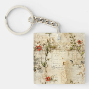 Vintage Parchment Love Letter with Flowers (6) Keychain