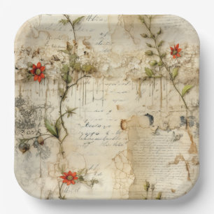 Vintage Parchment Love Letter with Flowers (6) Paper Plate