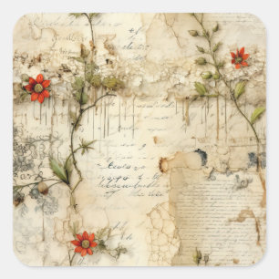 Vintage Parchment Love Letter with Flowers (6) Square Sticker
