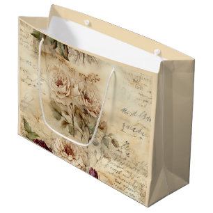 Vintage Parchment Love Letter with Flowers (7) Large Gift Bag