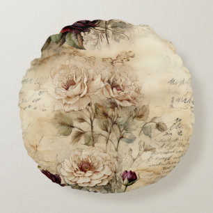 Vintage Parchment Love Letter with Flowers (7) Round Pillow