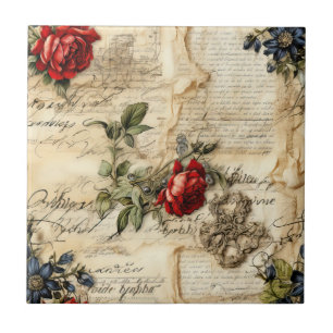 Vintage Parchment Love Letter with Flowers Tile