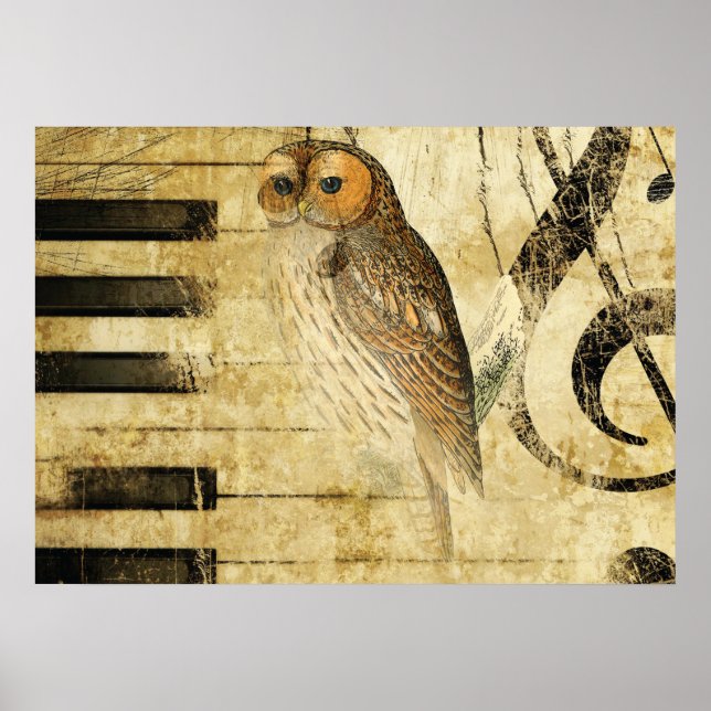 Vintage Parchment ~  Owl on Piano Poster (Front)