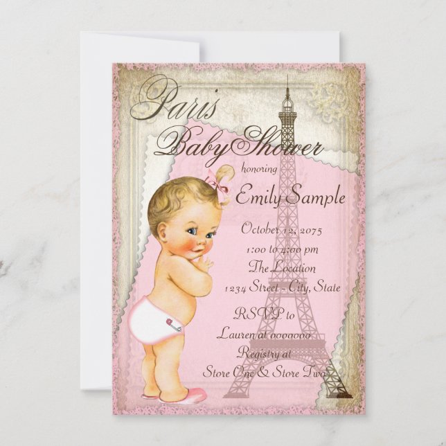 Vintage Paris Baby Girl Shower Invitation (Front)