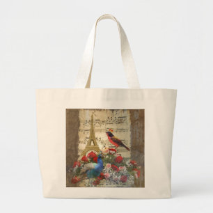 Vintage Paris & bird music sheet collage Large Tote Bag