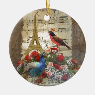 Vintage Paris & birds music sheet collage Ceramic Ornament