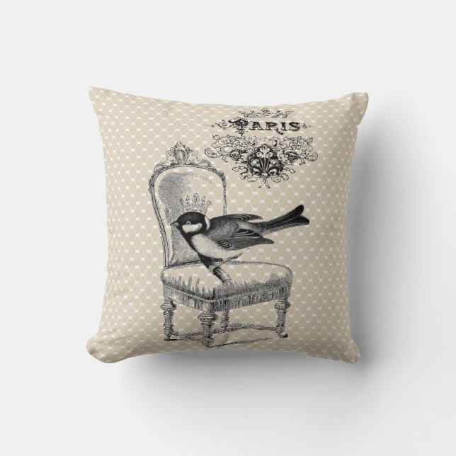 Vintage Paris Chic bird and French chair pillow (Front)