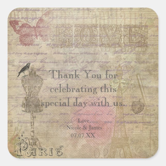 Vintage Paris Chic Wedding Party Favour Stickers (Front)