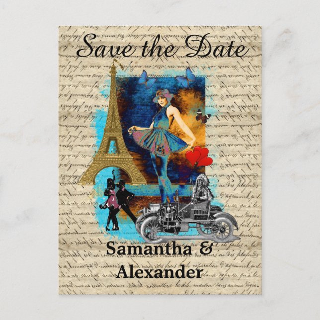 Vintage Paris collage save the date Announcement Postcard (Front)