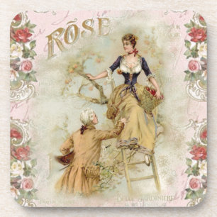 Vintage Paris Couple Picking Fruit Pink decoupage Coaster
