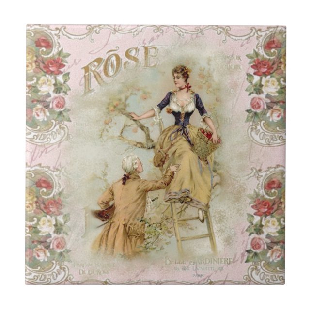 Vintage Paris Couple Picking Fruit Pink decoupage Tile (Front)