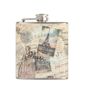 Vintage Paris decoupage Landmarks typography Hip Flask
