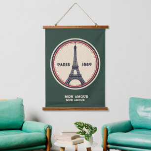 Vintage Paris Eiffel Tower 1889 Wood Topped Tapes Hanging Tapestry