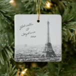 Vintage Paris Eiffel Tower Black White Photo Name Ceramic Ornament<br><div class="desc">This beautiful ornament features a birds-eye view vintage black and white travel photo of the Eiffel Tower and Paris France. Personalize it with your name(s). Great gift idea!</div>