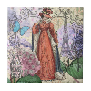 Vintage Paris Eiffel Tower Collage Romantic French Tile