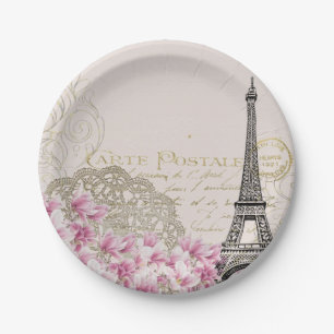 Vintage Paris Eiffel Tower Floral Art Illustration Paper Plate