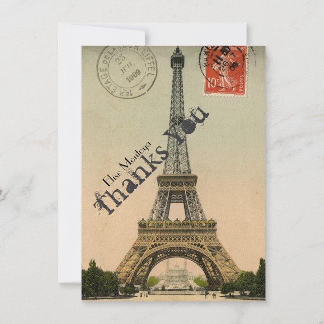 Vintage Paris Eiffel Tower Personalized Thank You Card (Front)