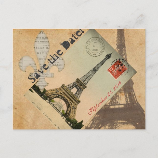 Vintage Paris Eiffel Tower Postcard save the date (Front)