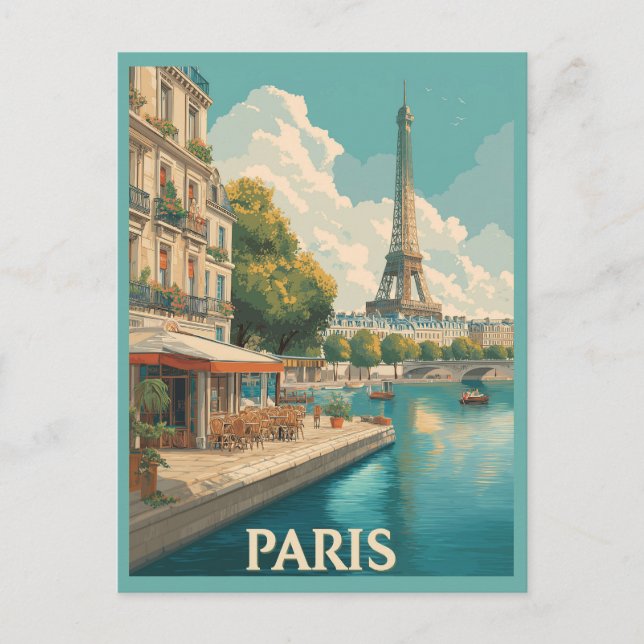Vintage Paris : Eiffel Tower & Seine Café Postcard (Front)