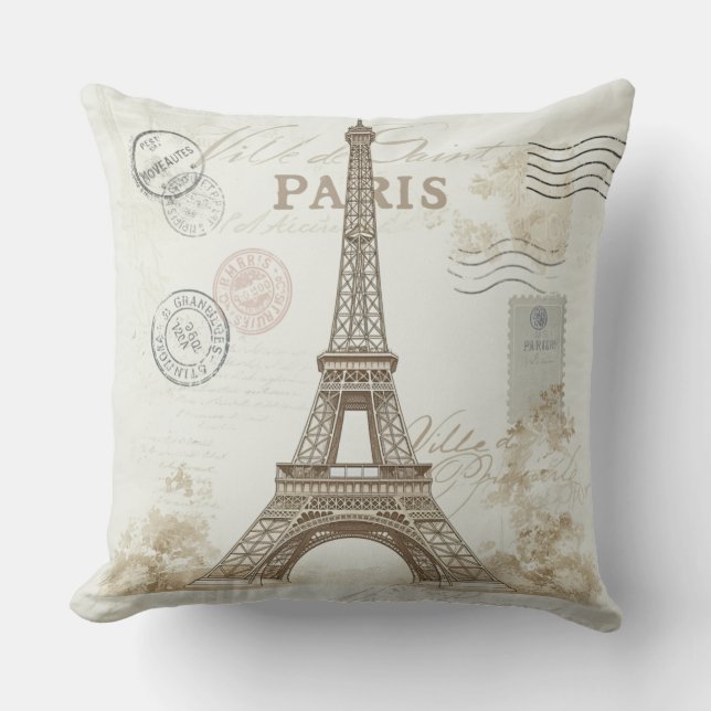 Vintage Paris Eiffel Tower Throw Pillow Design  (Front)