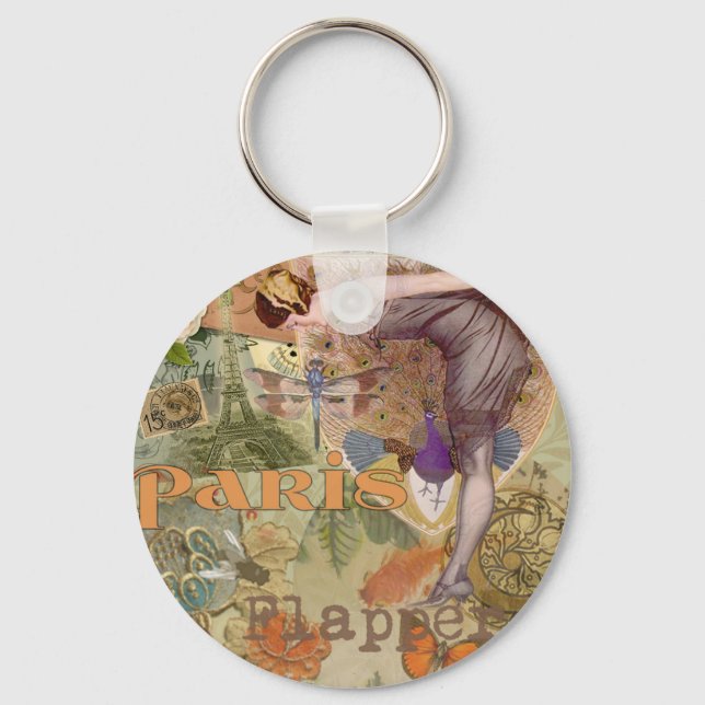 Vintage Paris Flapper Art Deco Peacock Collage Keychain (Front)