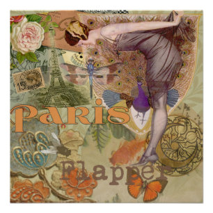 Vintage Paris Flapper Art Deco Peacock Collage Poster