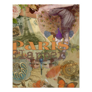 Vintage Paris Flapper Art Deco Peacock Collage Poster
