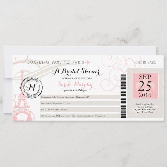 Vintage Paris France Bridal Shower Boarding Pass Invitation (Front)