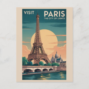 Vintage Paris France Eiffel Tower Sunset Travel Postcard