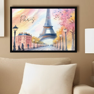 Vintage Paris France Eiffel Tower Watercolor Art Poster