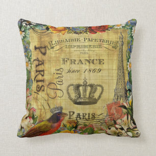 Vintage Paris French Design on Parchment paper Throw Pillow