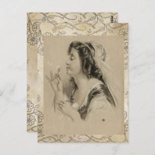 Vintage Paris Girl Dandelion Flower Postcard