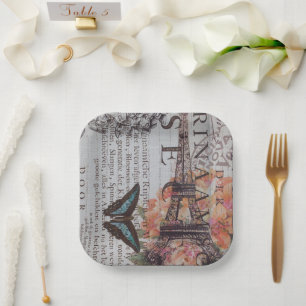 Vintage Paris Party French Botanical Eiffel Tower  Paper Plate