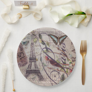 Vintage Paris Party French Botanical Eiffel Tower  Paper Plate