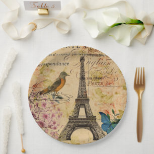 Vintage Paris Party French Botanical Eiffel Tower  Paper Plate
