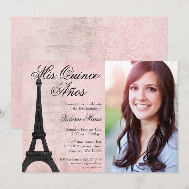 Vintage Paris Pink Black Sweet 15 Quinceanera Invitation (Front/Back)