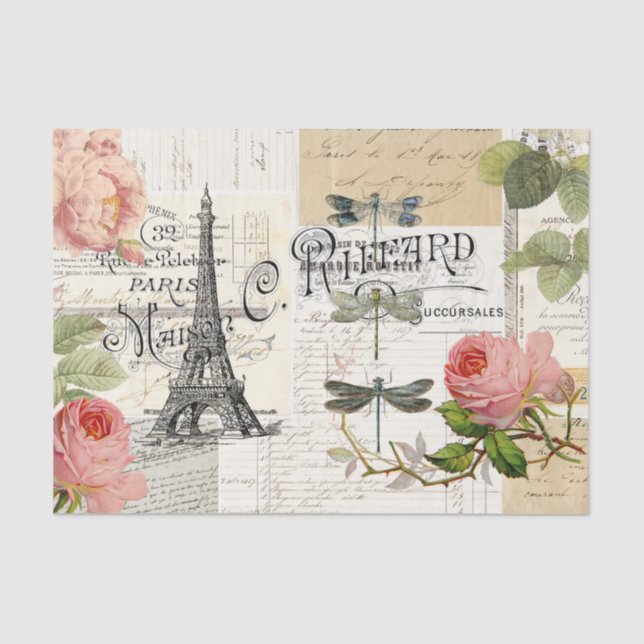 Vintage Paris Pink Roses Ephemera Tissue Paper (Front)