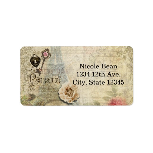 Vintage Paris Pink Roses Lock & Key Address Labels (Front)