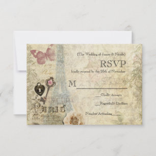 Vintage Paris Pink Roses Lock & Key Wedding RSVP Card