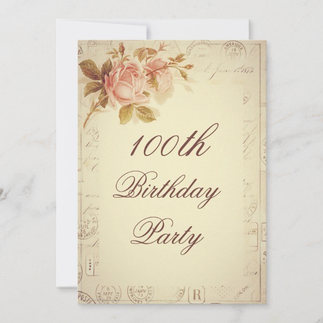 Vintage Paris Postmarks Chic Roses 100th Birthday Invitation (Front)