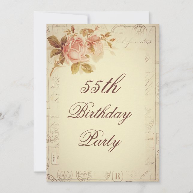 Vintage Paris Postmarks Chic Roses 55th Birthday Invitation (Front)